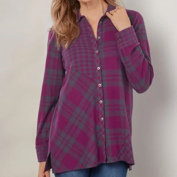 Soft Surroundings Size M Paramour Tunic Long Sleeve Patchwork Plaid Pink Gray - Picture 1 of 12
